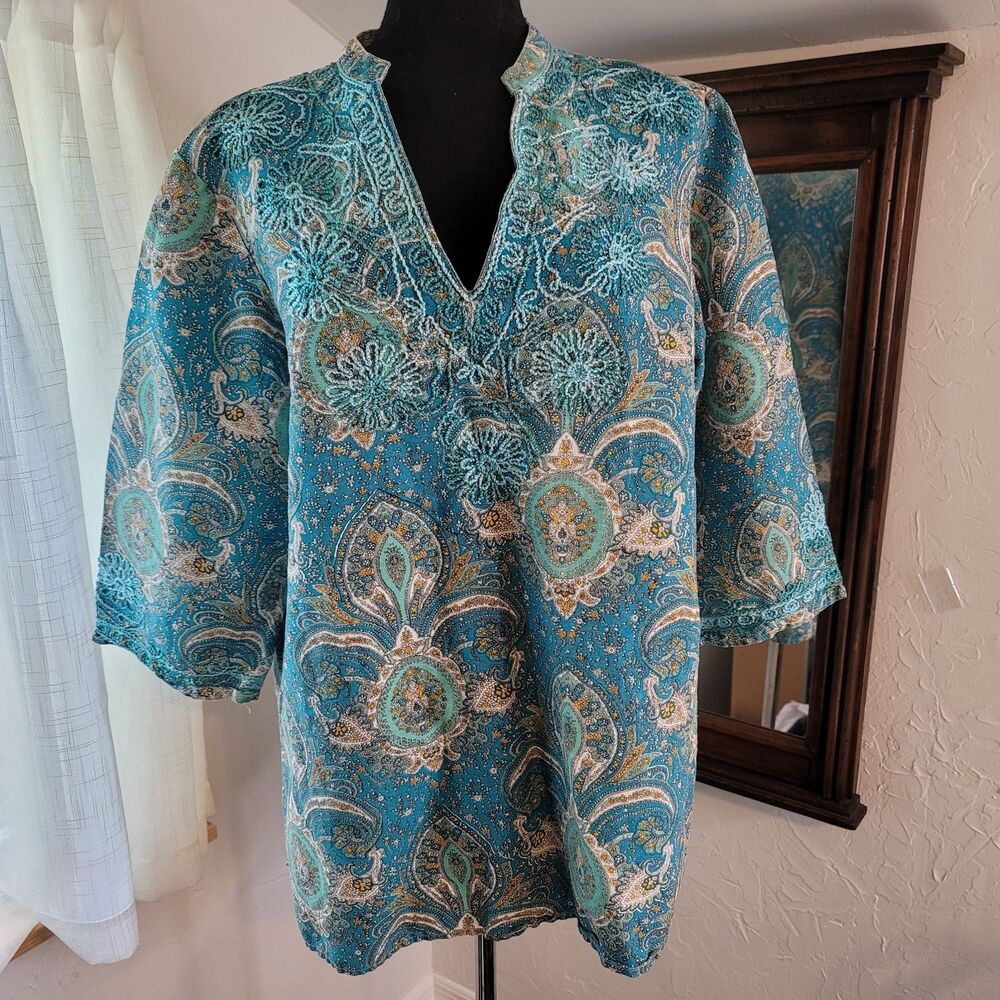 Ashley Stewart Teal Paisley Embroidered Tunic Top Boho Size 14